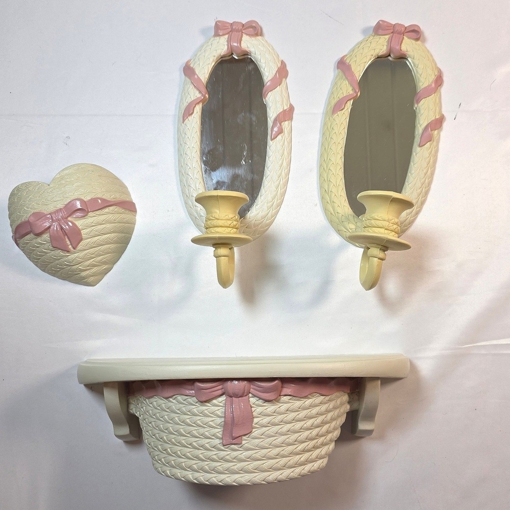 Vintage Homco 4 Piece Wall Decor Set Pink Bow Burwood Shelf Heart Mirror Sconces